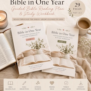May include: Two Bible in One Year guided reading plan and study workbooks, labeled Part 1 and Part 2. The covers feature a graphic of an open book, a mug, and a plant. Text includes Bible in One Year, Guided Bible Reading Plan & Study Workbook, and Psalm 119:105. Icons represent reading plans, reflections, journal prompts, prayer space, and application.