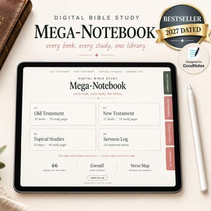 May include: A digital tablet displaying a Bible study mega-notebook interface with sections for Old Testament, New Testament, topical studies, and a sermon log. The screen features navigation tabs, Cornell note spreads, and verse map workflow options.