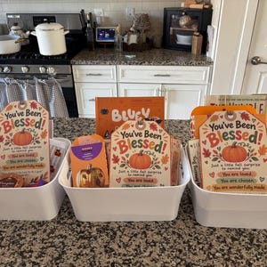 May include: Three white plastic storage bins filled with assorted items, each featuring a decorative tag that reads You've Been Blessed! with a pumpkin illustration, fall leaves, and text stating You are loved, You are chosen, and You are wonderfully made.