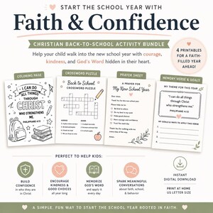 May include: A Christian back-to-school activity bundle featuring four printable pages: a coloring page with Philippians 4:13, a crossword puzzle, a prayer sheet, and a memory verse and goals sheet. The design includes text, icons, and US letter size.