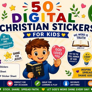 Puede incluir: Una colección digital de 50 pegatinas cristianas para niños con ilustraciones coloridas de niños, una Biblia, una cruz, un arcoíris y corazones. El texto incluye frases como God is Good, God Loves You y Shine for Jesus en varias formas.