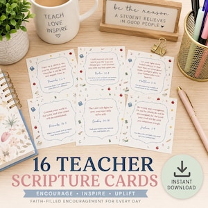 May include: A set of six square cards featuring Bible verses and educational icons like apples and books. Each card displays a unique scripture passage in blue and red text. The cards are arranged on a wooden surface alongside a white mug, a wooden sign with text, a gold pen holder, and a pink pen.