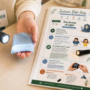 May include: An open educational guide titled Inclusive Bible Study: Adapting Lessons for Neurodivergent Learners, featuring Lesson 2: The Armor of Light. The page includes illustrations of a shield, children, a flashlight, and a fidget cube.