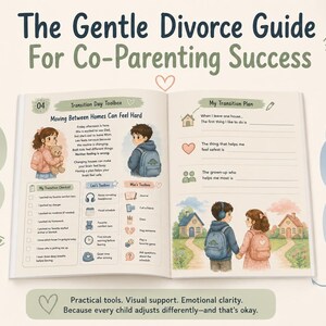 May include: An open book titled The Gentle Divorce Guide For Co-Parenting Success, featuring illustrated pages with text, checklists, and a transition plan. The pages include drawings of children, houses, and icons for emotional support tools.