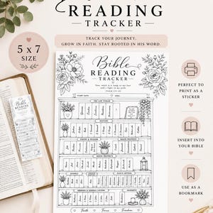 May include: A 5 x 7 inch Bible reading tracker printable featuring a bookshelf illustration with labeled book spines for each book of the Bible, floral accents, and the text "Bible Reading Tracker" along with Psalm 119:105 verse.