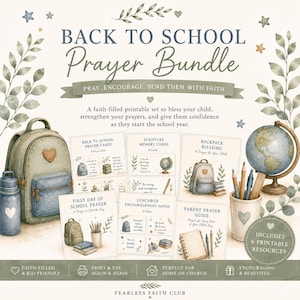 Pode incluir: Um conjunto imprimível Back to School Prayer Bundle com ilustrações de mochila, globo e artigos de papelaria. Inclui cartões de oração, versículos, bênçãos, notas e um guia para pais, tudo em tons de verde sálvia.
