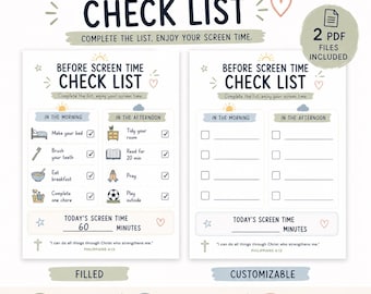 Kids Before Screen Time Checklist, Daily Routine Chart, (Digital Download)