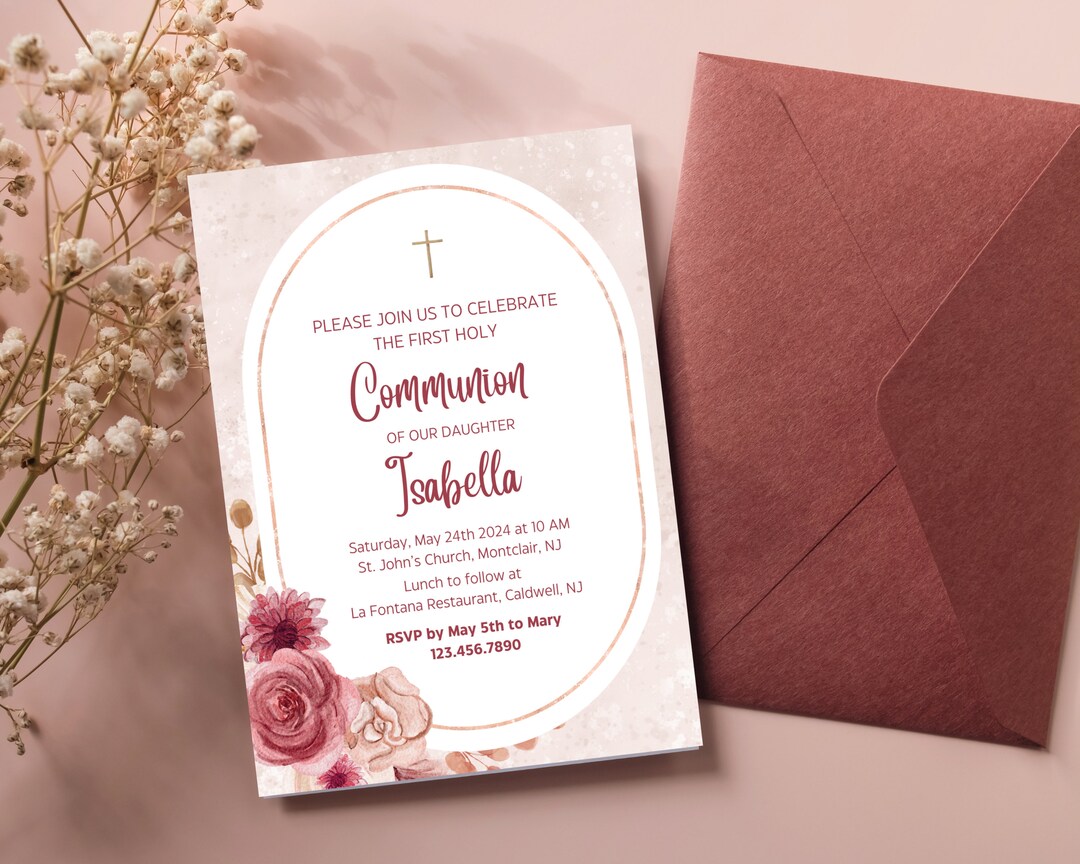 Boho Floral Pink First Holy Communion Editable Template Invitation 5x7 ...