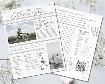 May include: A black and white newspaper style wedding announcement with a photo of the couple on a bicycle, a wedding party list, and a word search puzzle. The headline reads "Today is the day we say I do".