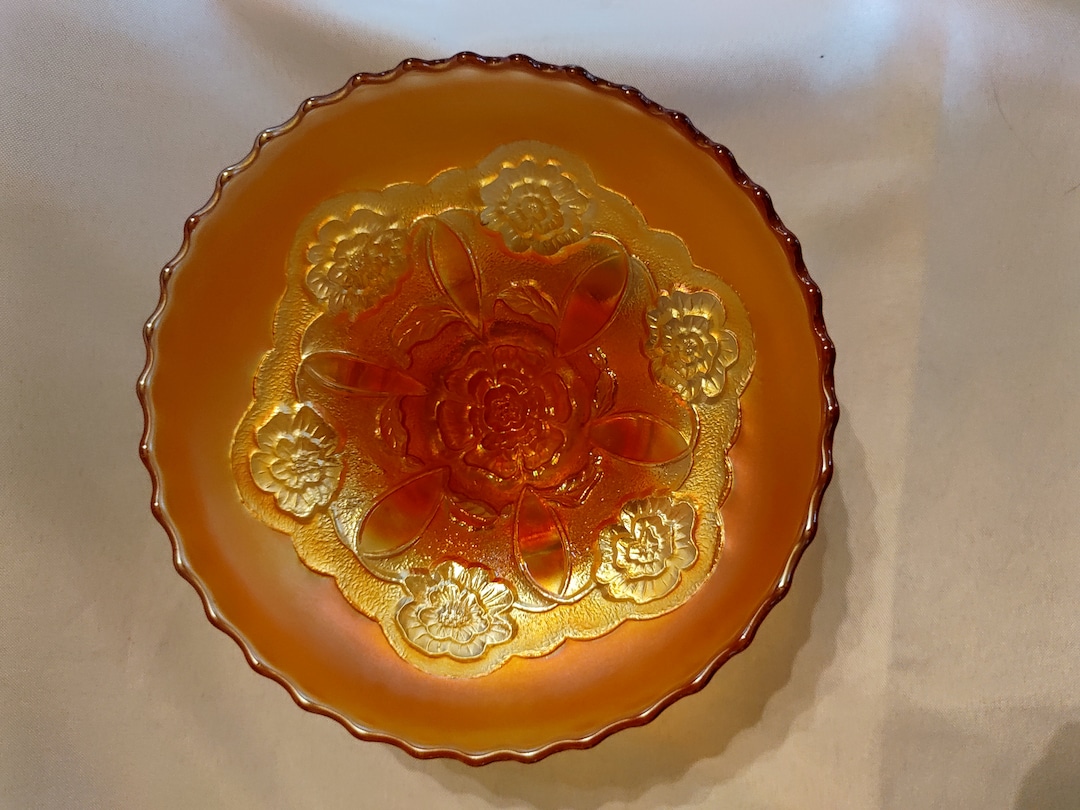 Vintage Orange Carnival Glass Bowl With Flower Accents Etsy