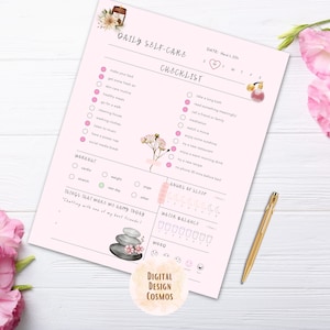 Puede incluir: Una lista de verificación diaria de autocuidado imprimible rosa con un diseño floral. La lista de verificación incluye secciones para hacer la cama, tomar aire fresco, rutina de cuidado de la piel, comidas saludables, salir a caminar, limpiar la casa, lavar la ropa, escuchar música, tomar una siesta, hacer una pausa en las redes sociales, hacer ejercicio, cosas que te hacen feliz hoy, horas de sueño, equilibrio de agua y estado de ánimo.