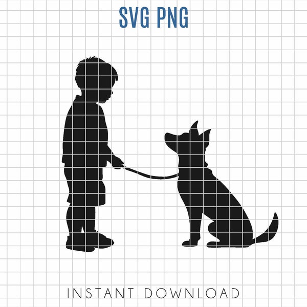 Little boy with dog silhouette SVG, boy and dog SVG, easy to cut boy and puppy silhouette, commercial use, full body boy
