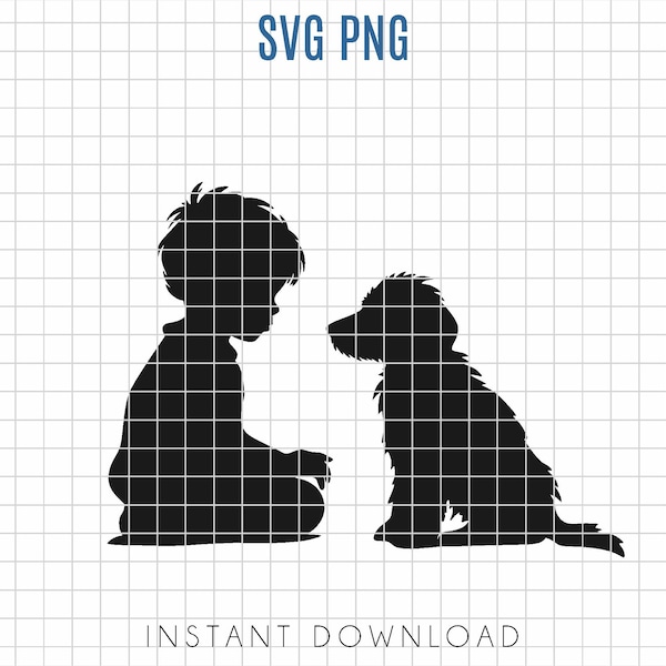 Little boy with puppy silhouette SVG, boy and dog SVG, easy to cut boy silhouette, commercial use, full body boy