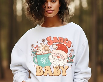 Christmas Sweatshirt, Santa Baby Christmas Crewneck Pullover, Holiday Sweaters For Women, Retro Aesthetic Trendy XMAS