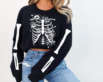 Sudadera con esqueleto floral, Goblincore Witchy, caja torácica botánica vintage, anatomía de flores silvestres, cuello redondo de Halloween, Dark Academia Bones