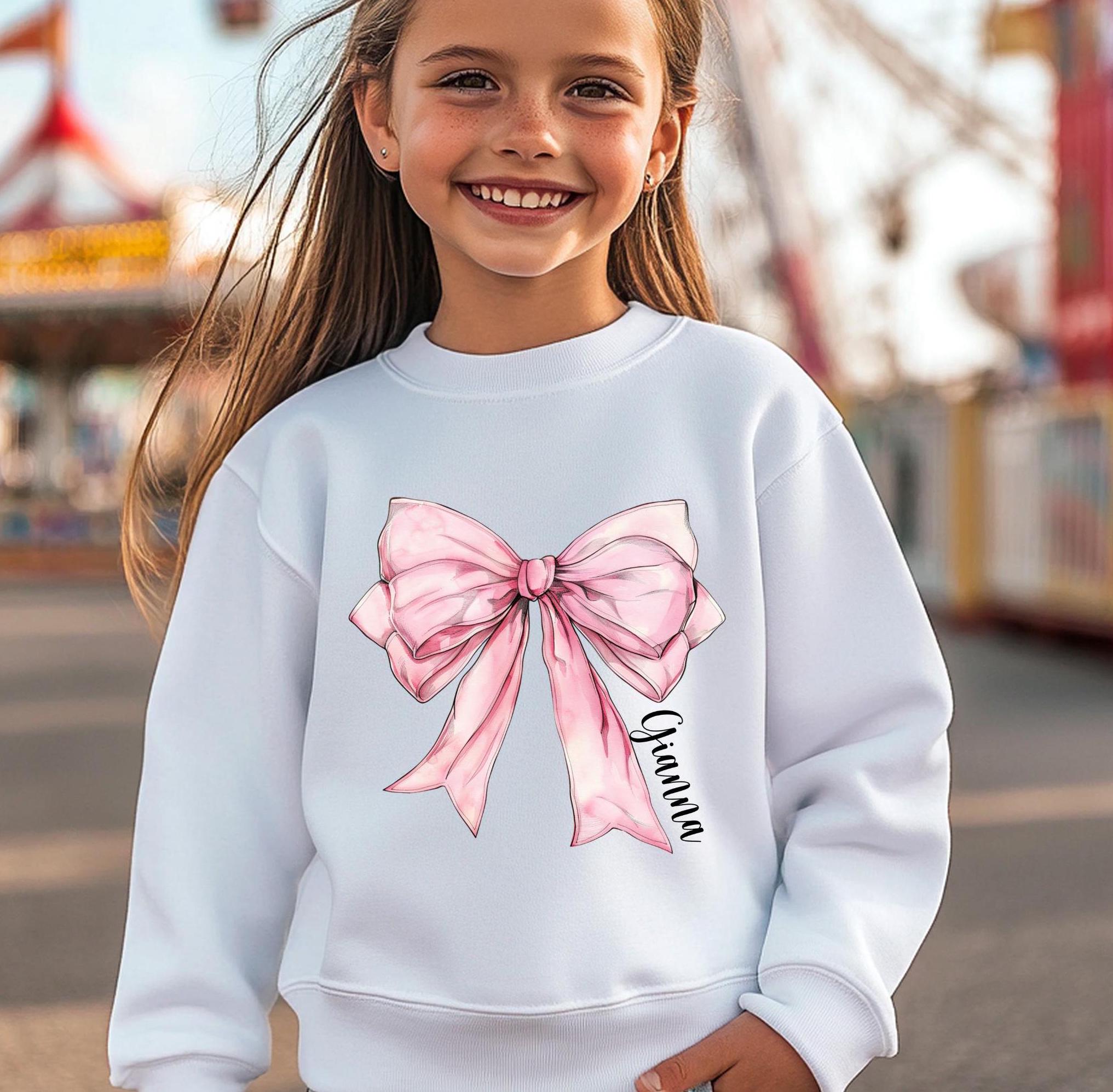 Custom YOUTH Coquette Bow Sweatshirt, Girly Pink Bow Crewneck With Name, Personalized Youth Shirt, Cute Pink Bow, Customizable Pullover