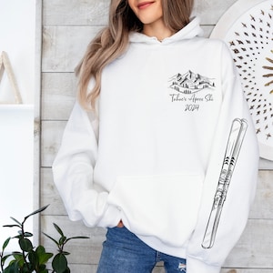Personalized Ski HOODIE with Arm Logo for Outdoor Adventurer, Mountain Skier Gift, Outdoorsy Lover Prays for Snow, Unisex Shirt Ski Gift