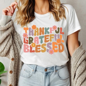 Thankful Grateful Blessed Unisex Heavy Cotton Tee, Thanksgiving Shirt, Retro Fall Vibes , Turkey Dinner Shirt