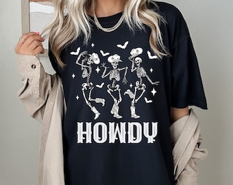 Cowgirl Shirt, Howdy Shirt, tanzendes Skelett T-Shirt, Retro Halloween Skelett Shirt, Cowboy Shirt, Vintage inspiriertes Country Western T-Shirt