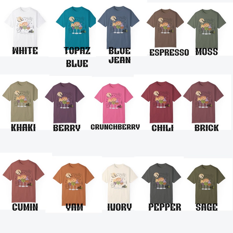 May include: A graphic t-shirt design featuring a spooky Halloween scene with a witch's cauldron, bats, and a full moon. The design is available in 15 different colors, including white, topaz blue, blue jean, espresso, moss, khaki, berry, crunchberry, chili, brick, cumin, yam, ivory, pepper, and sage.