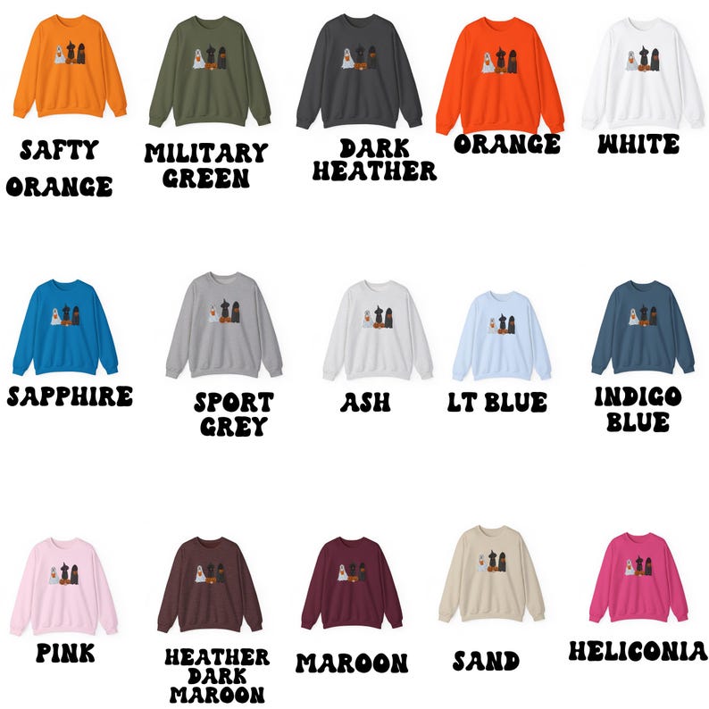 May include: A collection of crewneck sweatshirts in various colors, including orange, green, and blue. Each sweatshirt features a Halloween-themed graphic with ghosts, a witch, and a pumpkin. The text "SAFTY ORANGE", "MILITARY GREEN", and other color names are printed below each sweatshirt.