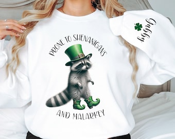Felpa personalizzata divertente per il giorno di San Patrizio incline a imbrogli e camicia Malarkey, maglione irlandese, regalo divertente per l'amante del procione, maglietta Shamrock