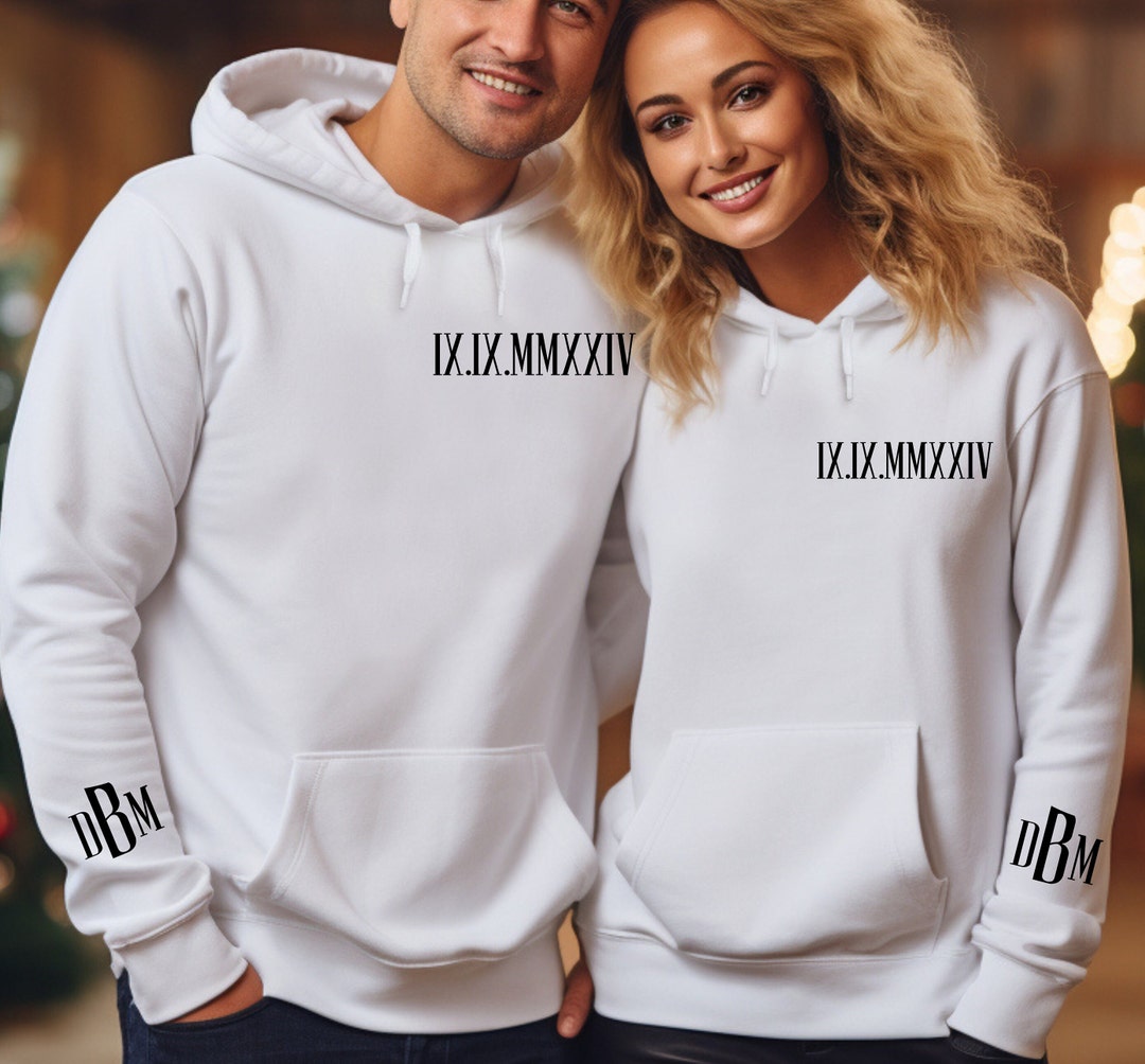 Custom Monogram Roman Numeral Hoodie for Couples, Personalized Date and