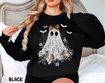 Sweat-shirt Halloween dentelle fantôme, coquette dentelle fantôme, pull ras du cou floral fantôme d'inspiration vintage, chemise automne rétro, sweat-shirt effrayant de la saison