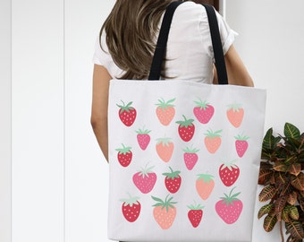 Strawberry Tote Bag, Reusable Grocery Bag, Canvas Book Tote, Crossbody Tote Bag, Shopping Market Satchel
