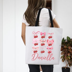 Personalized Cherry Coquette Tote Bag, Custom Name Bridesmaid Bag, Trendy Coquette Aesthetic, Cute Cottage Core Reusable Canvas Bag