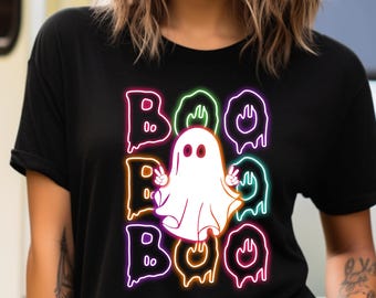 Camiseta de Halloween de neón, camiseta de neón retro, camiseta de Boo lindo, camiseta de disfraz de neón, camiseta de color neón, camiseta de fantasma de Halloween, temporada espeluznante de neón
