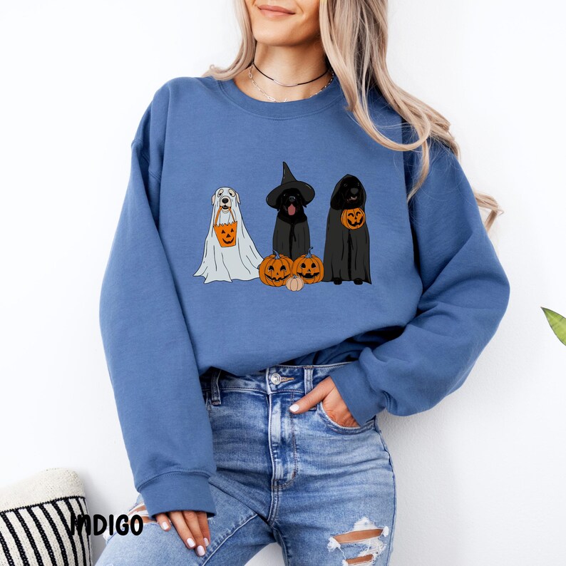 May include: A blue sweatshirt featuring three dogs in Halloween costumes. One dog is dressed as a ghost, another as a witch, and the third as a vampire. Each dog is holding a pumpkin-shaped treat bag. Pumpkins are placed in front of the dogs.