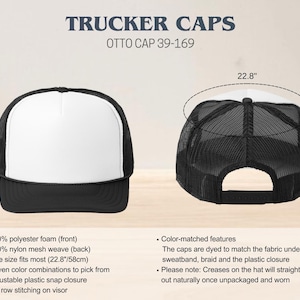 Puede incluir: Una gorra de camionero negra y blanca con una malla en la parte posterior. La gorra tiene una circunferencia de 58 cm y un cierre de broche de presi&oacute;n de pl&aacute;stico. OTTO CAP 39-169.