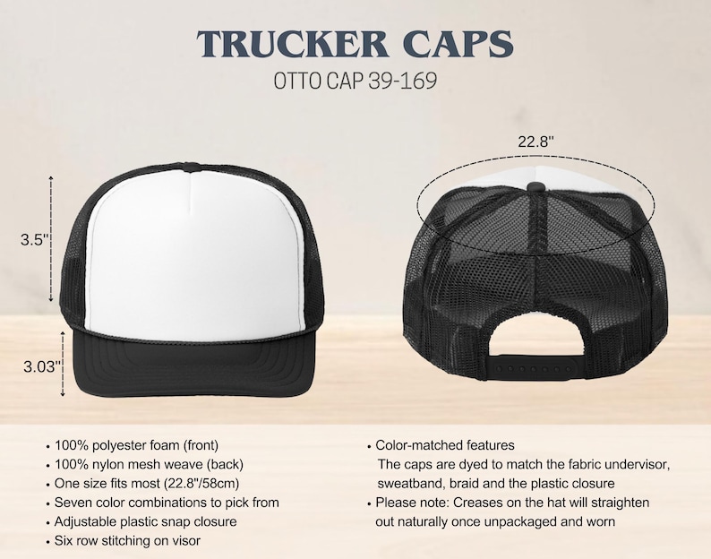 Puede incluir: Una gorra de camionero negra y blanca con una malla en la parte posterior. La gorra tiene una circunferencia de 58 cm y un cierre de broche de presi&oacute;n de pl&aacute;stico. OTTO CAP 39-169.