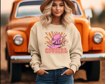 Felpa da cowgirl, camicia con cappello da cowboy retrò, girocollo Boho Western, pullover da rodeo americano