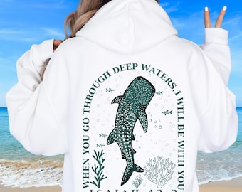 Christian Whale Shark Hoodie, Bible Verse Sweatshirt, Ocean Faith Sweater, Isaiah 43:2 God Shirt, Coconut Girl, Y2K