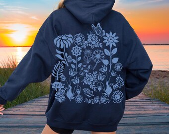 Wildflower Hoodie, Cottagecore Blue Floral Sweatshirt, Granola Girl, Nature Hoodie, Butterfly Hoodie, Retro Floral Gift For Nature Lover