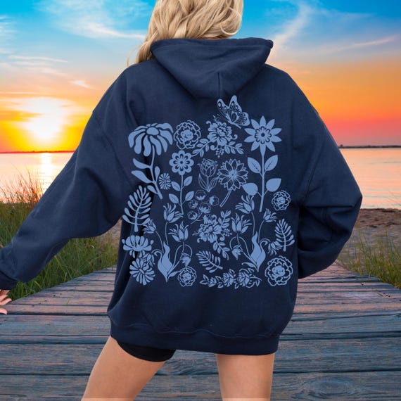 Wildflower Hoodie, Cottagecore Blue Floral Sweatshirt