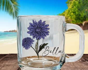 Custom Birth Month Flower Glass Mug, Personalized Bridesmaid Gift Personal Mothers Day Gift Custom Glass Cup Bridesmaid Proposal Floral Mug
