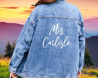 Giacca di jeans personalizzata Mrs., giacca di jeans della sposa, giacca di jeans Mrs., giacca da sposa personalizzata, regalo per la sposa, cognome Mrs., giacca della futura sposa