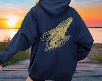 Bluza z kapturem z wielorybem, Szanuj lokalną społeczność, Prezent dla miłośnika humbaków, Ratuj ocean, Bluza z kapturem z grubej mieszanki „Ratuj wieloryby”, Unisex