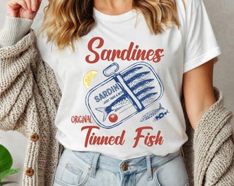 Shirt met ingeblikte vis sardines, T-shirt in vintage stijl voor liefhebbers van zeevruchten, cadeau oceaanliefhebber, trendy T-shirt kust, vissersshirt, Comfort Colors®