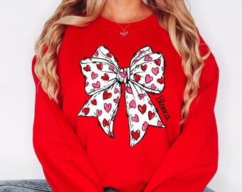 Personalized Coquette Valentine Bow Sweatshirt, Retro Heart Bow Shirt, Y2K Coquette, Love Sweatshirt Valentine Gift from Husband Boyfriend