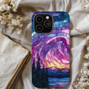Stained Glass Northern Lights Phone Case, Tough Cases with Vibrant Northern Lights Design, Perfect Gift for Nature Lovers, Colorful Artwork