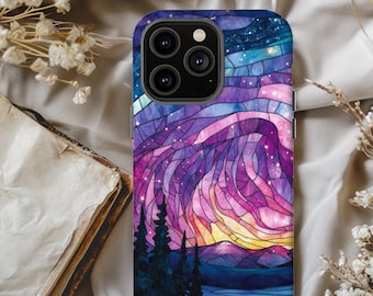 Custodia per telefono in vetro colorato con luci del nord, custodie resistenti con design vibrante delle luci del nord, regalo perfetto per gli amanti della natura, opere d'arte colorate