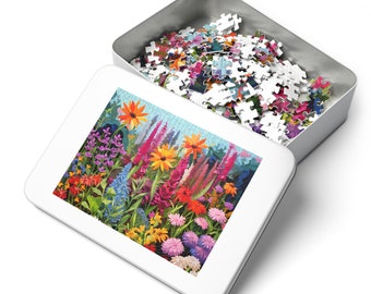 Wildflower Jigsaw Puzzle, Cottagecore Garden Puzzle, Embroidered Inspired Colorful Floral Picture Puzzle, Family Activity, 1000 Pieces