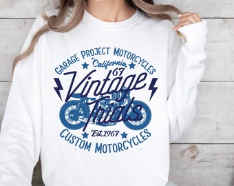 Biker Sweatshirt, motorfiets persoon Crewneck, vintage geïnspireerde aangepaste motorfiets 1967, retro esthetische doeken