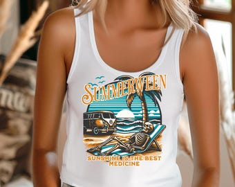 Summerween Skeleton Tank Top, Retro Halloween Shirt, Beach Party Tank, Spooky Season Shirt, Y2K Halloween, 90's Vibes