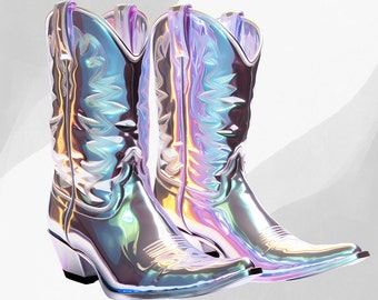 Pegatina holográfica de botas de vaquero, calcomanía icónica de vaquera occidental del país, decoración brillante de botella de agua para computadora portátil, regalos de favor de fiesta