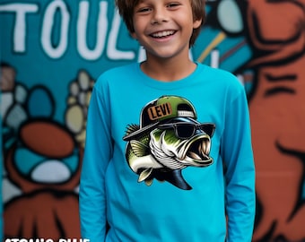 Camisa de pesca de lubina personalizada de manga larga para jóvenes, ropa de pesca para niños al aire libre, camisa de pesca de lubina, regalo de cumpleaños personalizado para amantes de la pesca.